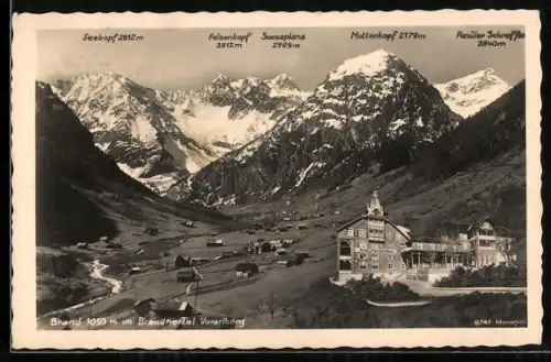 AK Brand /Vorarlberg, Ortsansicht mit Seekopf, Felsenkopf, Seesaplana und Mottenkopf