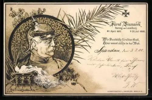 Lithographie Fürst Bismarck, 1815 - 1898, Pickelhaube