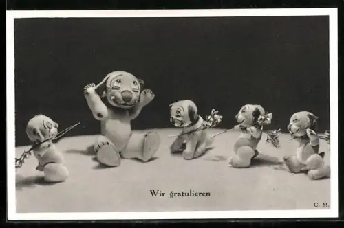 AK Wir gratulieren, Bonzo-Puppen mit Blumen