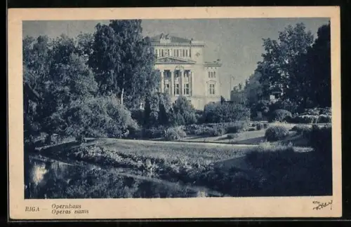 AK Riga, Opernhaus, Operas nams, Blick vom Flussufer aus