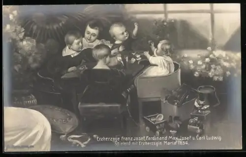 AK Erzherzoge Franz Josef, Ferdinand Max, Josef und Carl Ludwig spielend mit Erzherzogin Maria, 1834