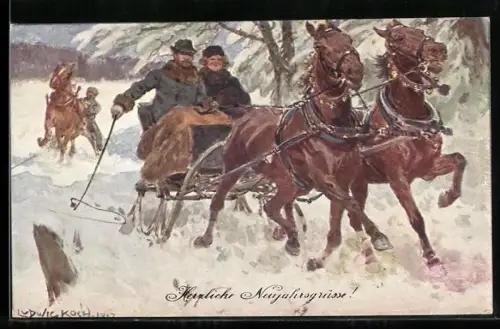 Künstler-AK Ludwig Koch: Paar im Pferdeschlitten bei einer Neujahrsfahrt