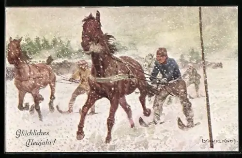 Künstler-AK Ludwig Koch: Männer beim Skifahren gezogen von Pferden