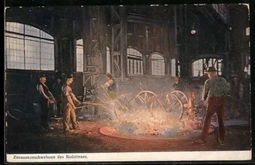 AK Fabrikarbeiter beim zusammenschweissen des Radsternes