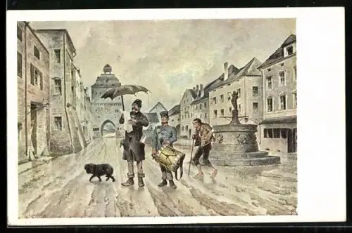Künstler-AK Alois Greil: es wird hiemit kundgemacht, Trommler bei Regen auf dem Marktplatz