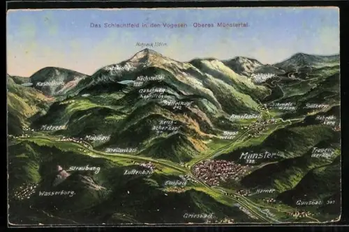 AK Das Schlachtfeld in den Vogesen, Oberes Münstertal, Landkarte