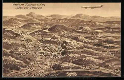 AK Zeppelin mit seinem westlichen Kriegsschauplatz über Belfort und Umgebung