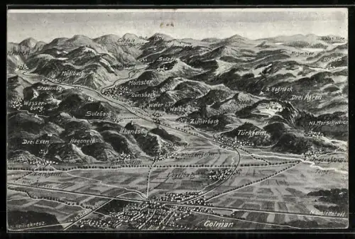 AK Colmar, Landkarte Münstertal Schlachtfeld in den Vogesen