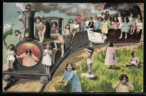 AK Kleinkinder auf Eisenbahn, Montage