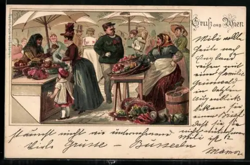 Lithographie Wien, Verkäuferinnen auf dem Markt