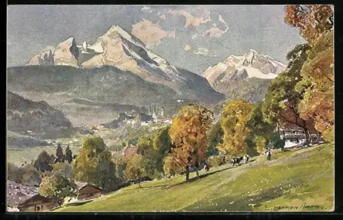 Künstler-AK Edward Harrison Compton: Berchtesgaden, Teilansicht mit Watzmann