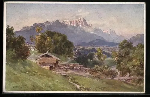 Künstler-AK Edward Theodore Compton: Untersberg-Schonau mit Gebirge im Hintergrund