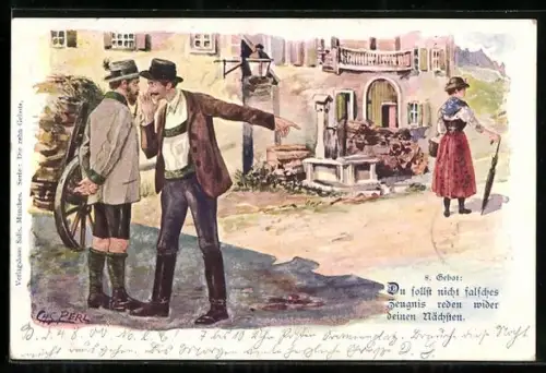 AK Die Zehn Gebote - 8.Gebot: Du sollst nicht falsches Zeugnis reden... - Männer sprechen hinter dem Rücken einer Frau