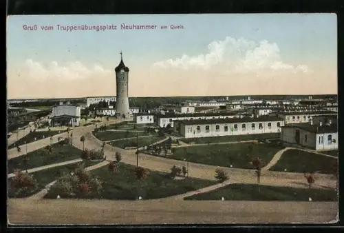 AK Neuhammer a. Queis, Truppenübungsplatz mit Flugzeug und Zeppelin in der Luft