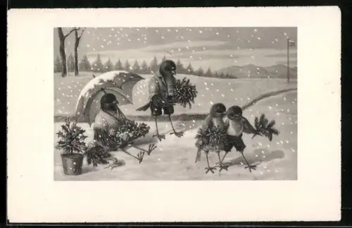 AK Vogelfamilie mit Tannenzweigen bei Schneefall, vermenschlichte Tiere