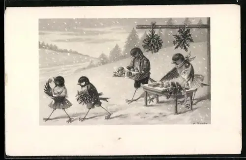 Künstler-AK C. Öhler: Vögelchen essen Äpfel