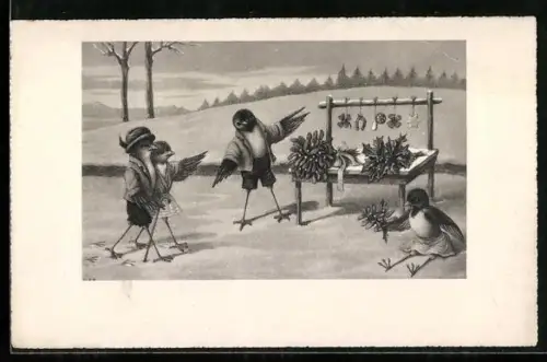 AK Vögel an einem Stand mit Glücksbringern im Schnee, vermenschlichte Tiere