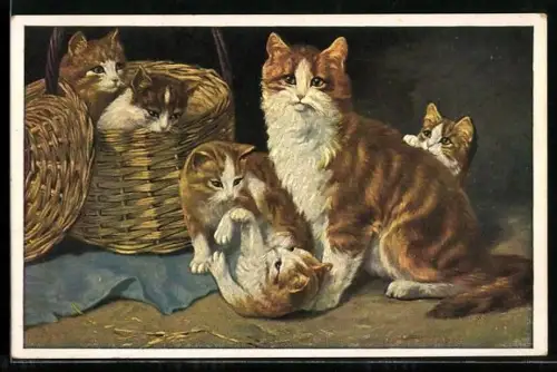 AK spielende Katzen an einem Korb