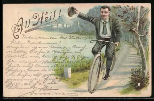 Lithographie Mann fährt mit seinem Fahrrad am See entlang