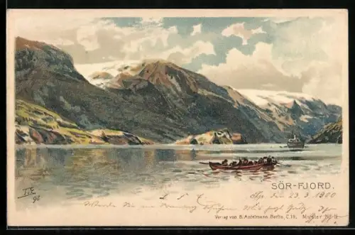 Künstler-Lithographie Themistokles von Eckenbrecher: Sör-Fjord, Ruderboot, Bergpanorama