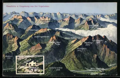 AK Hesshütte, Hütte und Umgebung aus der Vogelschau, Leobner Berg, Spiel-Hogel, Hochtor, Goldeck, Hotel Gesäuse
