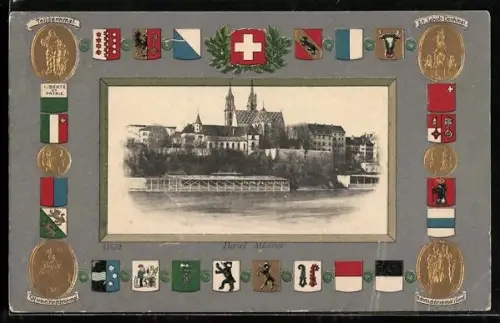 AK Basel, Rheinpartie mit Münster, Wappen der Kantone