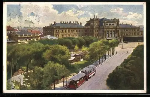 Künstler-AK Brünn, Bahnhof, Strassenbahn