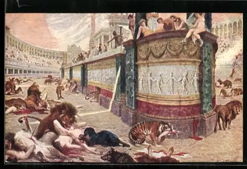 Künstler-AK Die blutige Arena, Raubkatzen zerfleischen Sklaven
