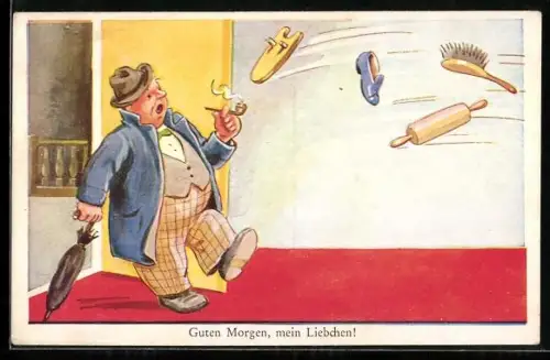 AK Mann kommt nach Haus und wird mit Sachen beschmissen, frauenfeindlicher Humor