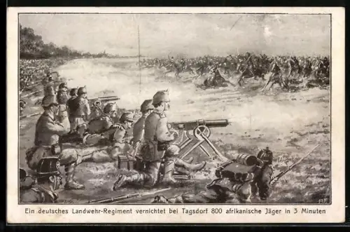 Künstler-AK Tagsdorf, Ein deutsches Landwehr-Regiment vernichtet afrikanische Jäger