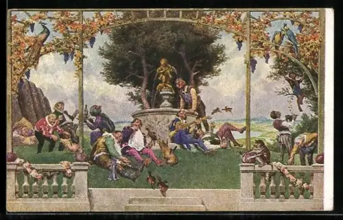 AK Märchen Nr. 310, Schlaraffenland, Gebratene Gänse fliegen durch die Luft