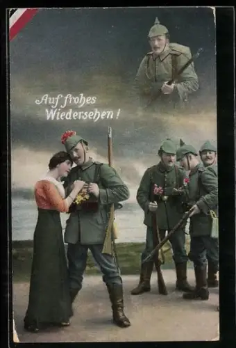 AK Auf frohes Wiedersehen!, Soldatenliebe, Ausmarsch, Montage
