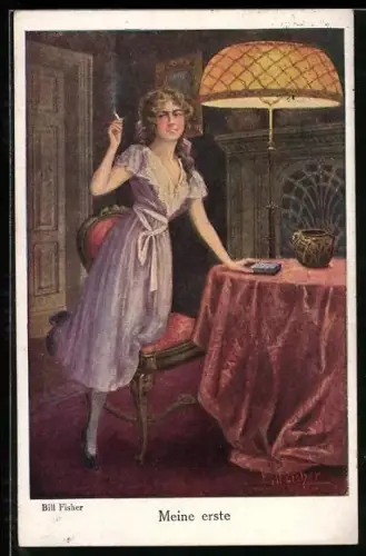 Künstler-AK Bill Fisher: Frau im schönen Kleid stützt sich mit einem Bein auf einen Stuhl u. raucht ihre erste Zigarette