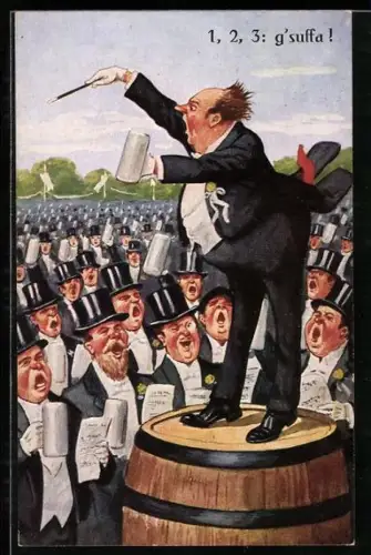 AK Dirigent steht auf einem Fass und sagt 1, 2, 3: g'suffa
