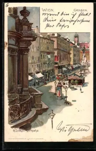 Künstler-Lithographie H. Junker: Ortspartie am Graben