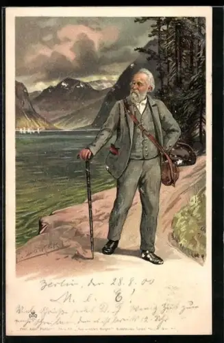 Künstler-AK E. Döcker: Alter Wanderer blickt über den See