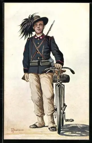 Künstler-AK italienischer Soldat neben seinem Fahrrad