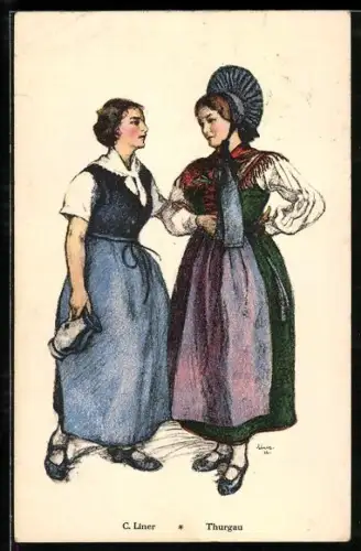 Künstler-AK Thurgau, Frau in schönen Trachtenkleidern