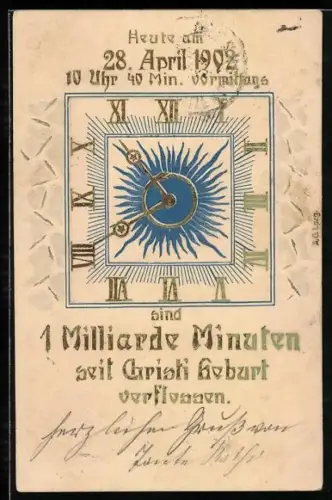 AK 1 Milliarde Minuten seit Christi Geburt sind verflossen am 28. April 1902 - 10 Uhr und 40 Minuten