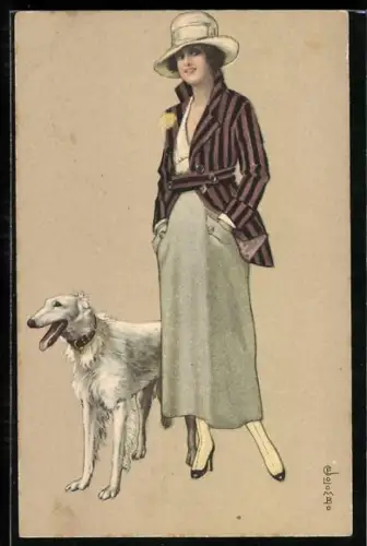 Künstler-AK E. Colombo: Junge Frau geht mit ihrem Hund spazieren