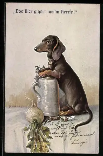 Künstler-AK Max Kuglmayr: Dackel legt Vorderpfoten auf den Bierkrug, Rettich, Pfeife