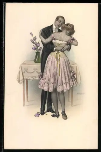 Künstler-AK Herr umarmt eine junge Frau im Unterkleid