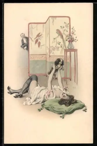 Künstler-AK M.Munk Nr.412: Junge Frau spielt mit ihrem Hund