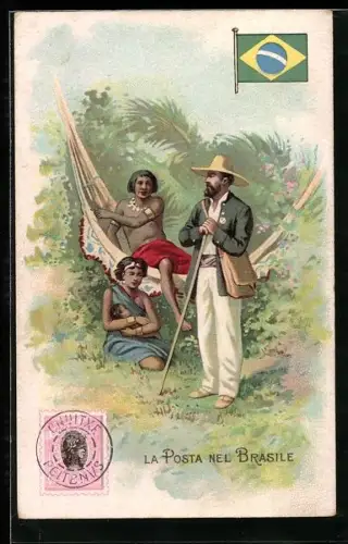 Lithographie Brasilien, La Posta, Postbote bei Ureinwohnern