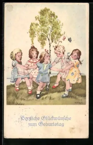 Künstler-AK Hilla Peyk: Mädchen tanzen Reigen um junge Birke