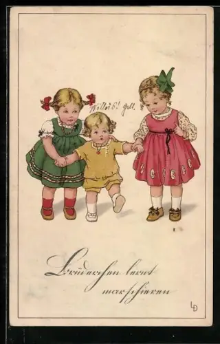 Künstler-AK Lia Döring: Geschwister helfen dem jüngsten Kind bei den ersten Schritten