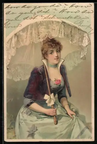 Glitzer-Perl-AK Dame sitzt mit Sonnenschirm im Garten