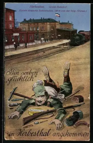 AK Herbesthal, Grenz-Bahnhof mit Dampflok, Soldat fällt hin