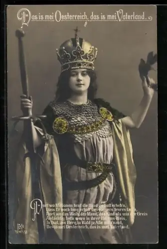 Foto-AK Das is mei Österreich das is mei Vaterland, Austria mit Schwert und Krone, Allegorie
