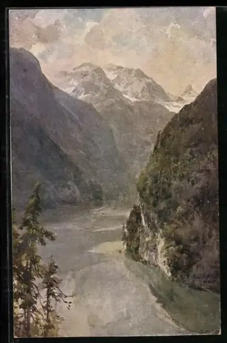 Künstler-AK Edward Theodore Compton: Königssee mit der Falkensteinwand